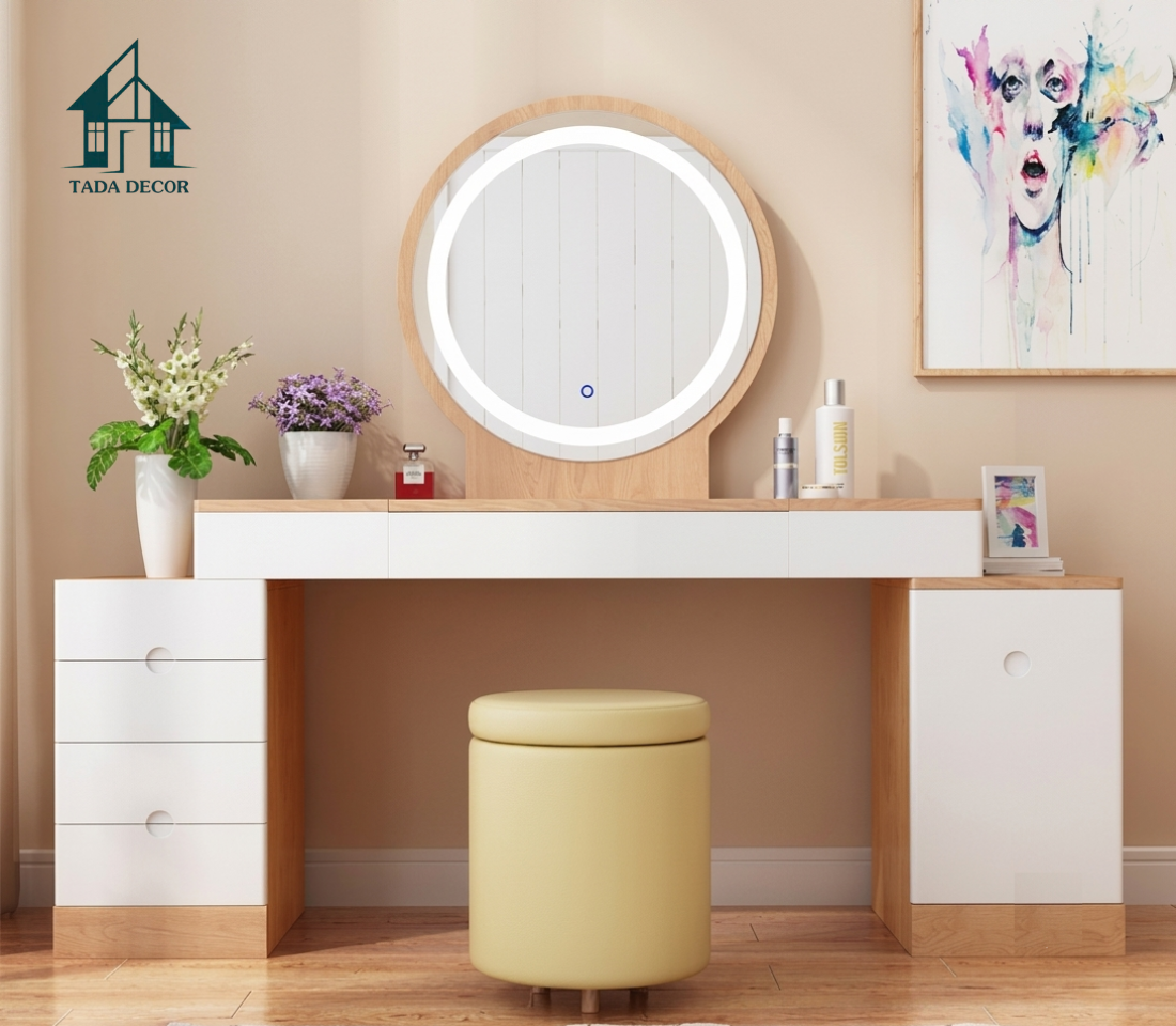 Bàn Trang Điểm Gỗ MDF Cao Cấp - Bo Góc An Toàn, Tích Hợp Gương Đèn LED Cảm Ứng - Thương Hiệu TADA Việt Nam - BTD18