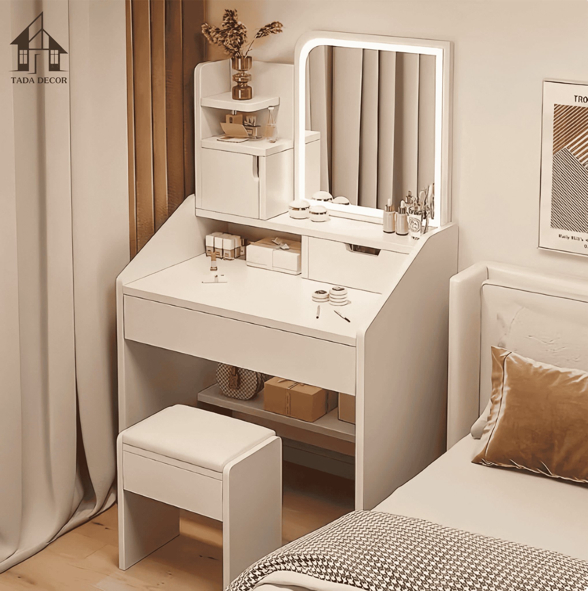 Bàn Trang Điểm Có Đèn LED Hiện Đại - Bàn Phấn Trắng Kem Sang Trọng | BTD12