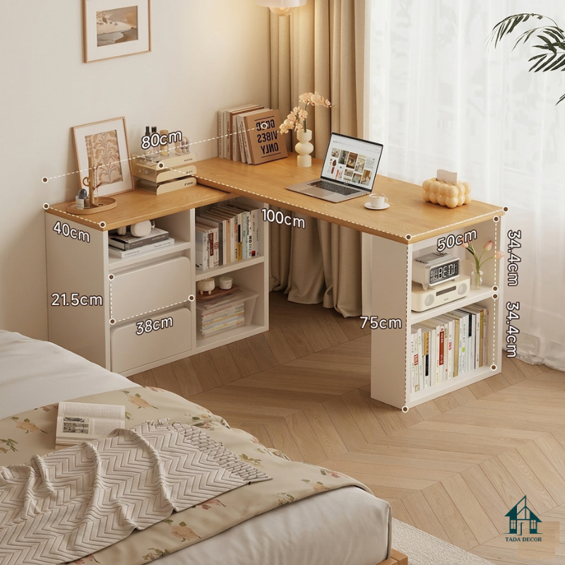 Bàn Góc Chữ L Hiện Đại Tích Hợp Hệ Tủ Kệ Sách - Thương hiệu TADA Việt Nam - TDBH111