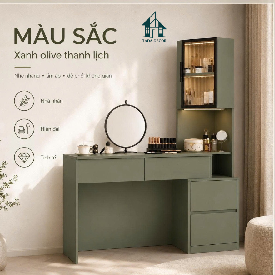 Bàn Trang Điểm Thông Minh TADA Việt Nam – Sắc Xanh Olive Tích Hợp Tủ Kính Đèn LED Sang Trọng - BTD15