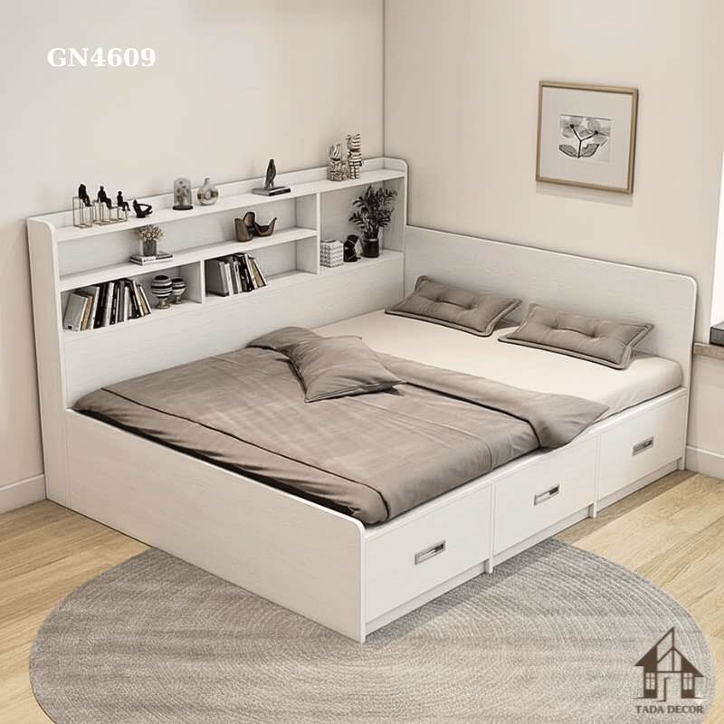 Giường GN4609: Thiết Kế Tích Hợp Kệ & Ngăn Kéo Đa Năng