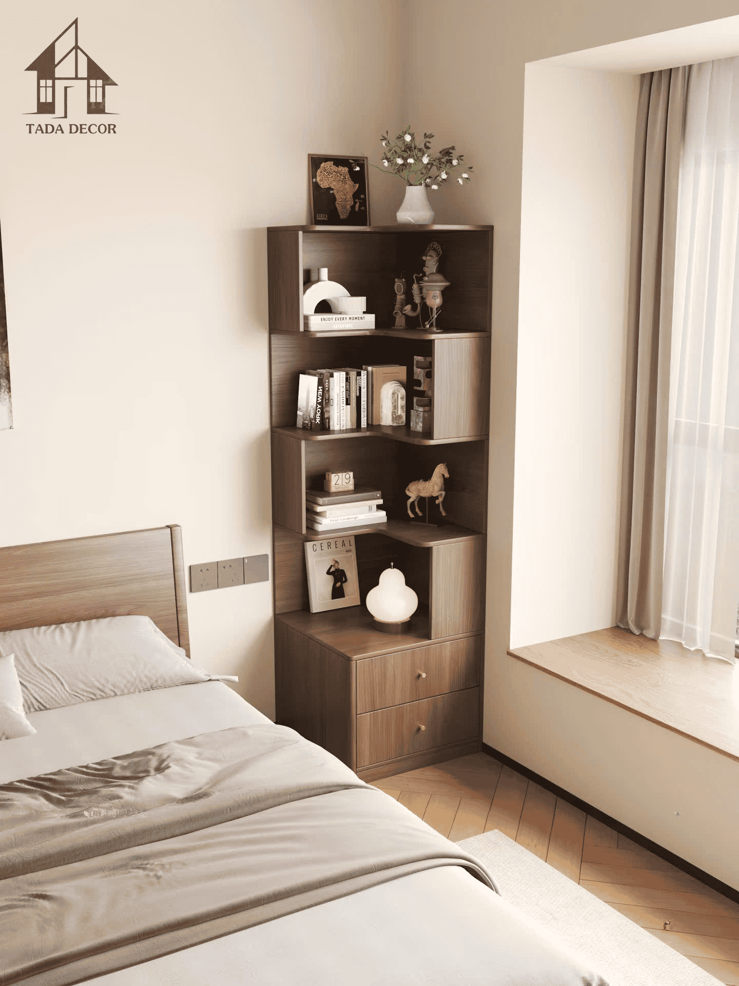Kệ sách góc tường MDF lõi xanh đẹp, tiện dụng
