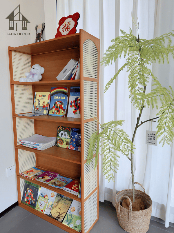 Kệ sách gỗ MDF lõi xanh phối mây đẹp cho bé