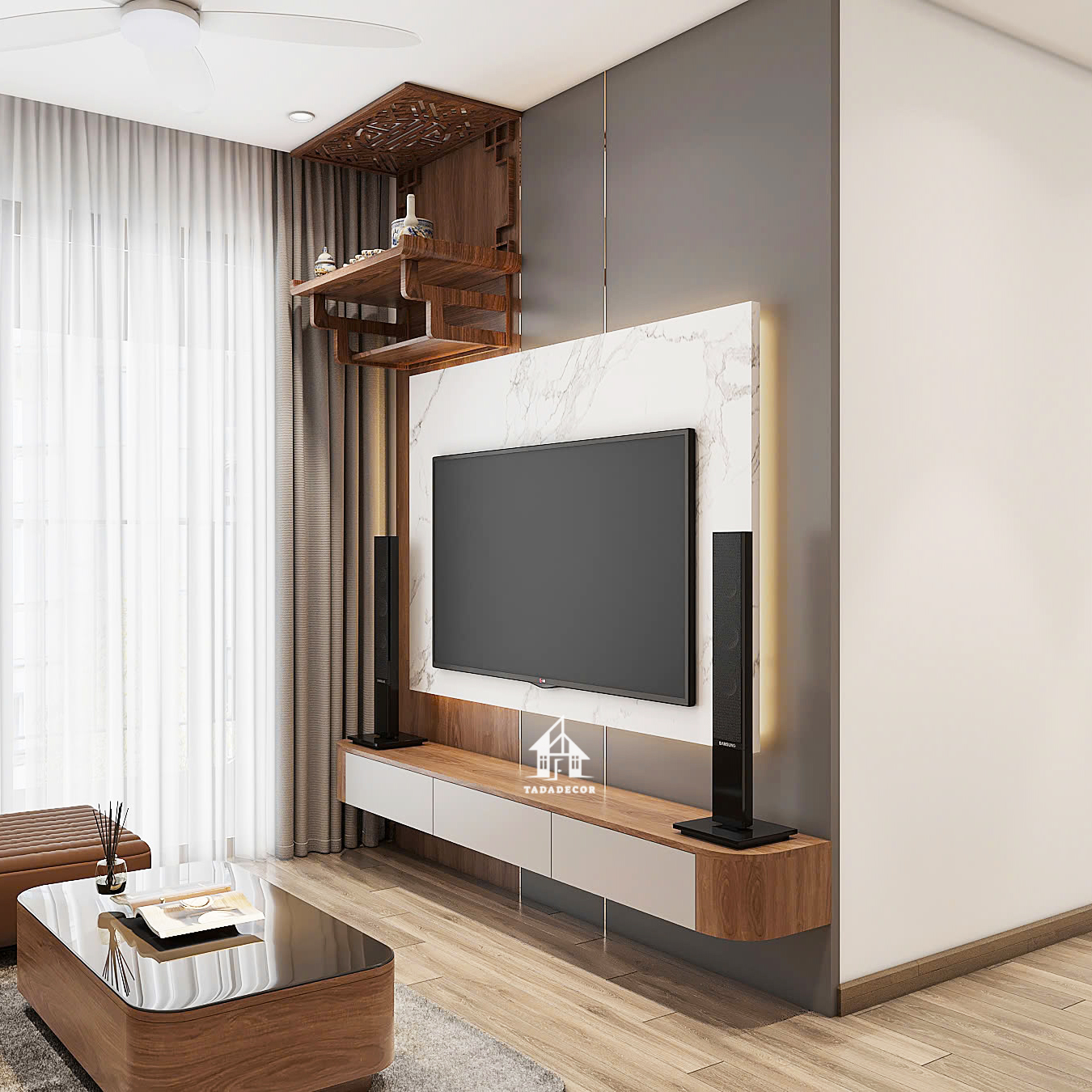 Kệ tivi treo tường bo cong 3 cánh lật sang trọng cho phòng  khách TDTV778