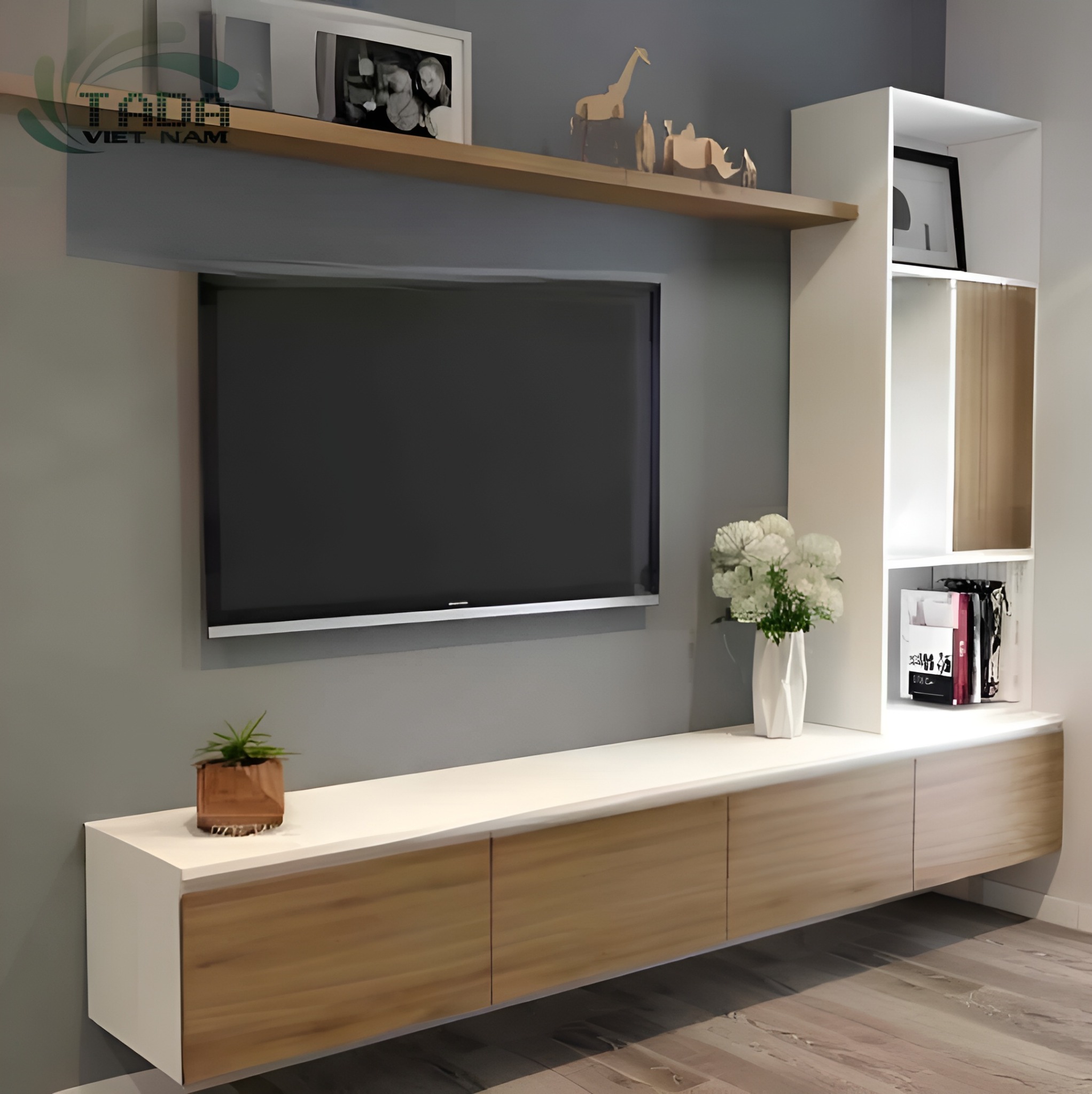Kệ tivi treo tường kết hợp tủ trang trí tạo điểm nhấn sang trọng