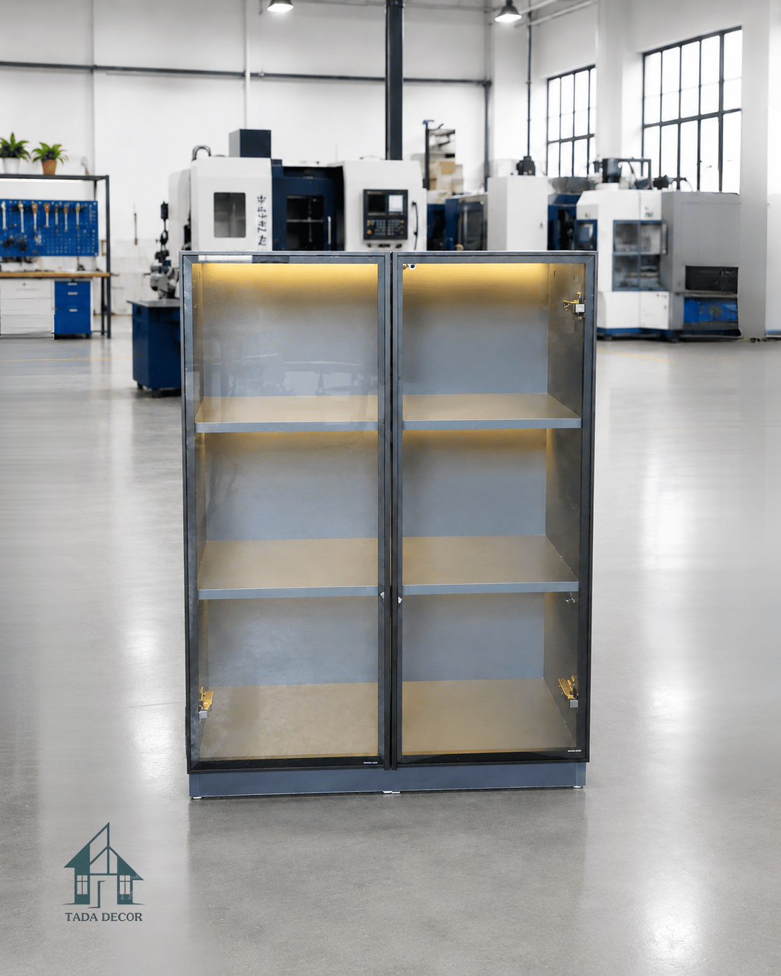 Thi công tủ trưng bày cánh kính LED MDF lõi xanh