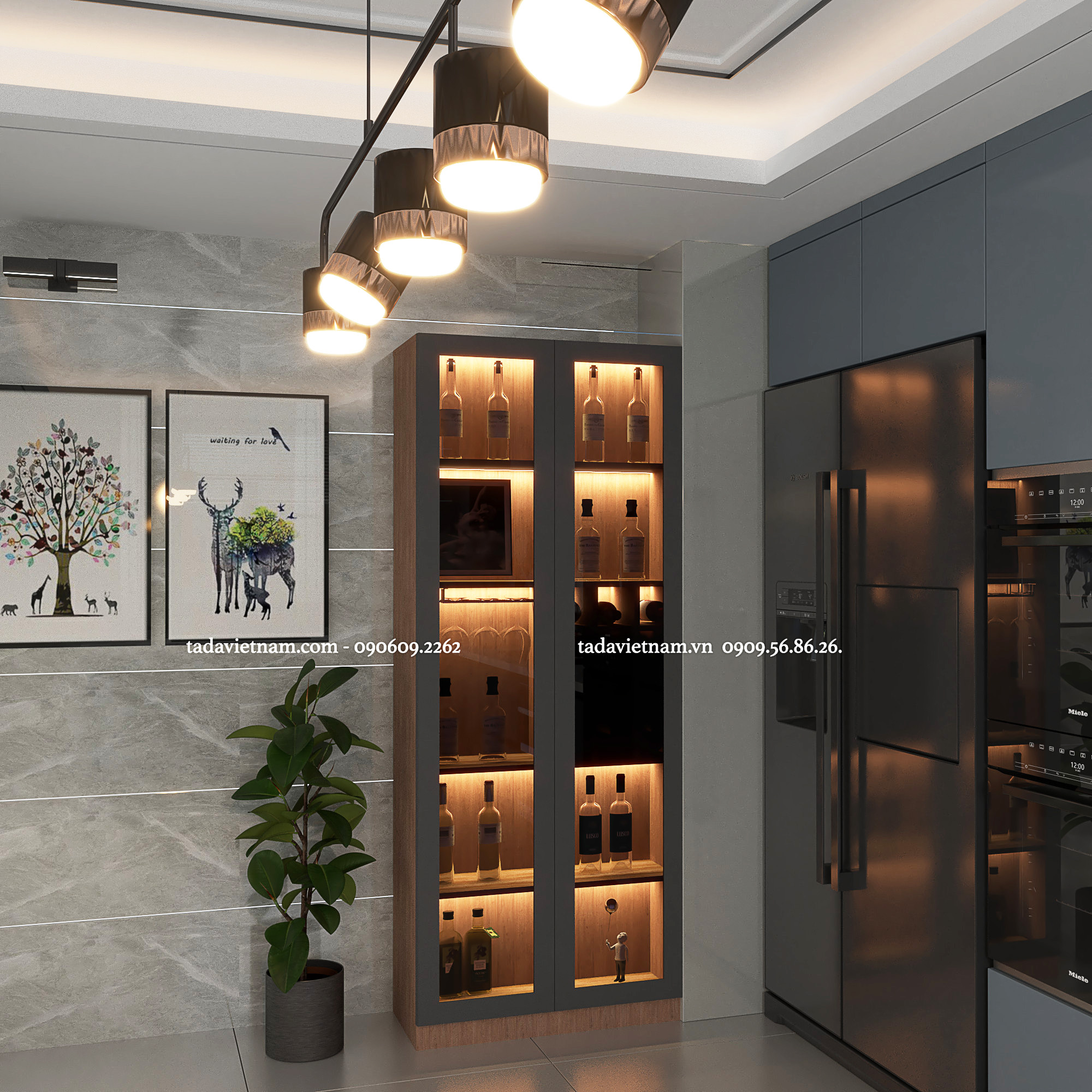 Tủ rượu phòng khách hiện đại với màu trung tính được ưa chuộng rộng rãi hiện nay