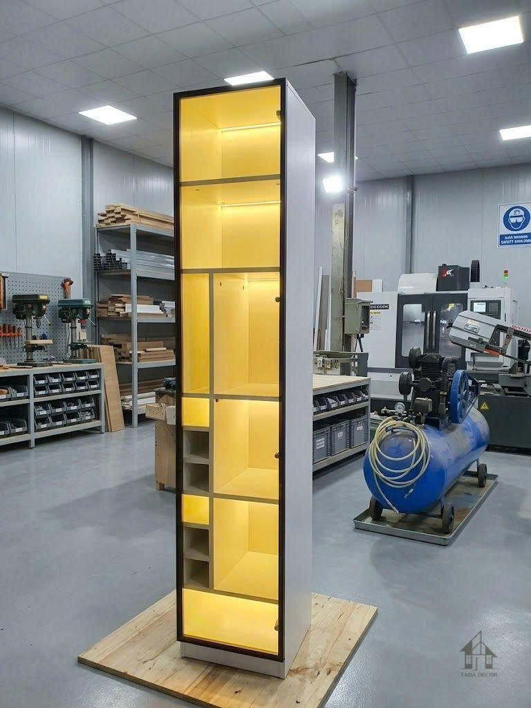 Thi công tủ rượu kính LED MDF phủ melamine – Mẫu tủ rượu đẹp hiện đại cho phòng khách