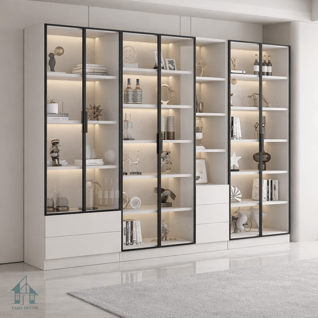 Tủ kính trưng bày MDF phủ melamine có đèn LED – Mẫu tủ trưng bày đẹp nhiều kích thước | TTB01