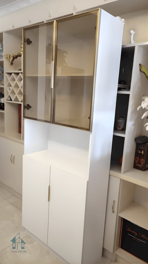 Feedback tủ đa năng MDF phủ melamine cánh kính – Kệ tủ đa năng hiện đại cho phòng khách và bếp