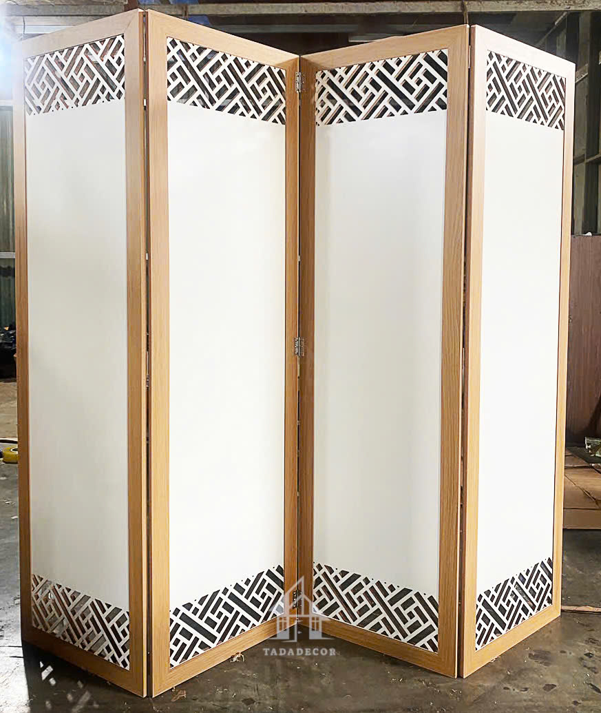 Vách Bình phong ngăn phòng di động họa tiết kín mới màu trắng viền gỗ vân sồi- TDVN60