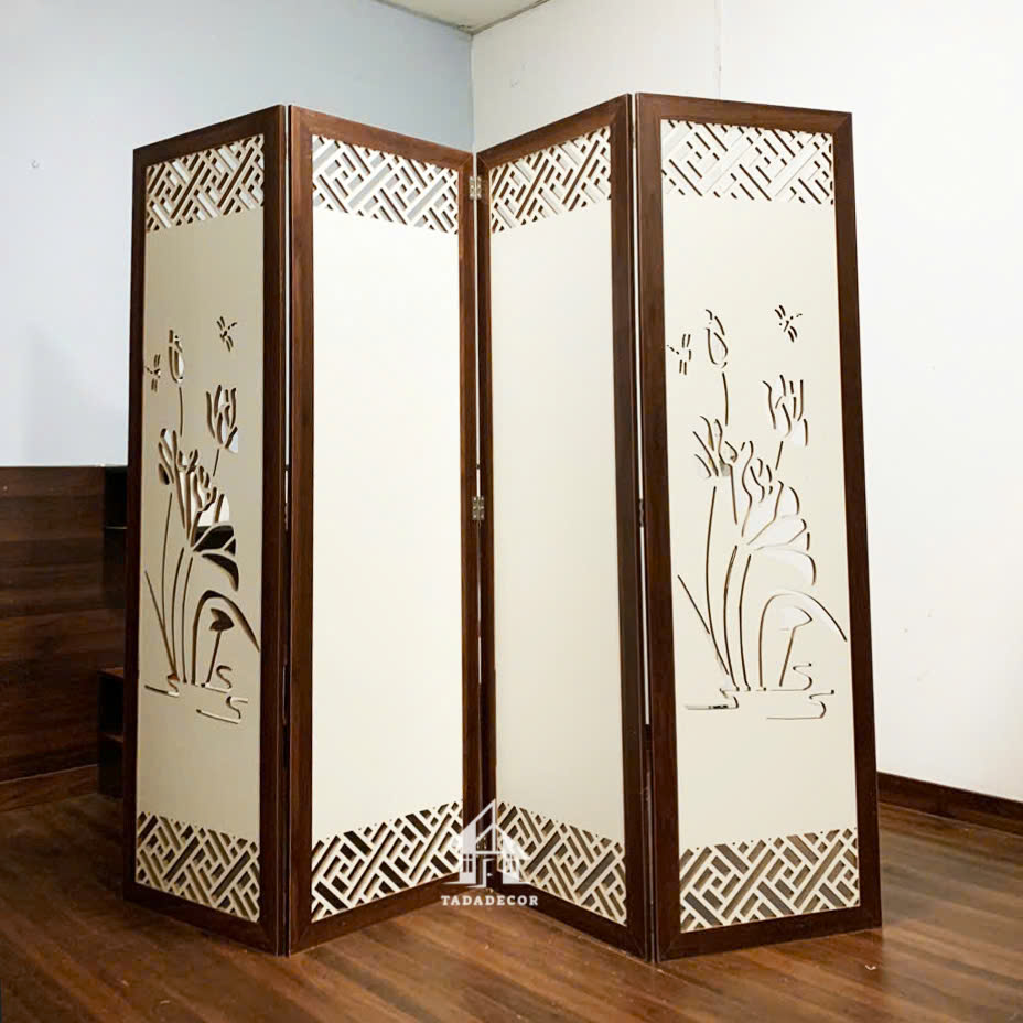 Vách Bình phong ngăn phòng di động họa tiết hoa sen kết hợp vách kín - TD1006