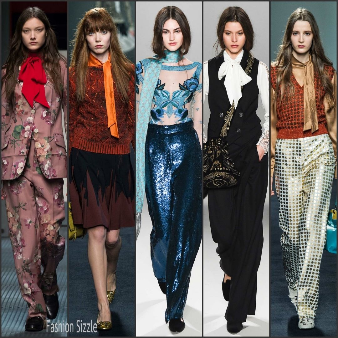 Những mẫu khăn skinny trên sàn diễn thời trang quốc tế. Từ trái qua phải Marc By Marc Jacobs, Bottega Veneta, Temperley London, Haider Ackermann, Chloe. Ảnh Pinterest. 