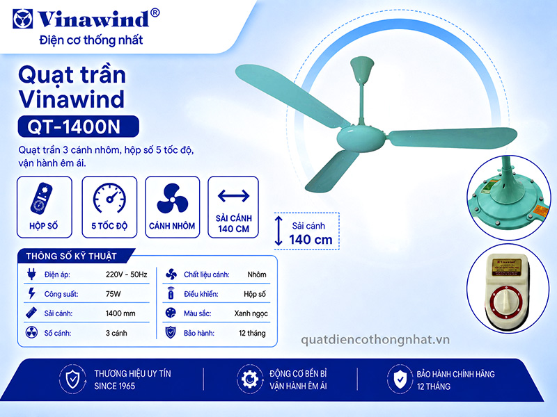 Quạt trần Vinawind QT-1400N cánh nhôm, hộp số 