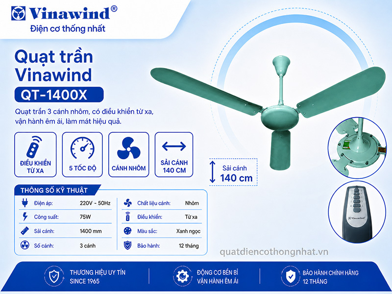 Quạt trần Vinawind QT-1400X 3 cánh có điều khiển
