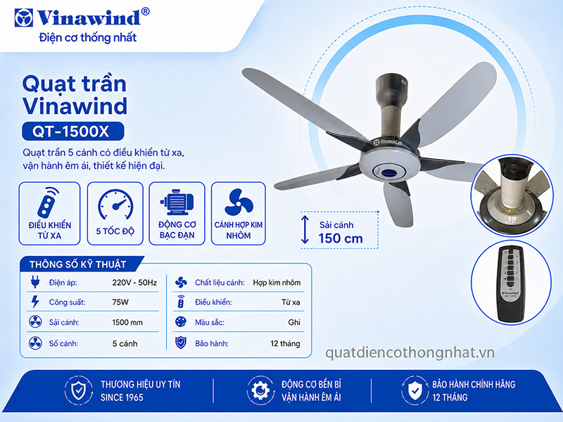 Quạt trần Vinawind QT-1500X 5 cánh