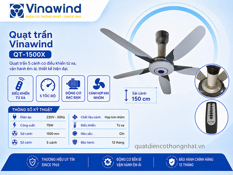 Quạt trần Vinawind QT-1500X 5 cánh điện cơ thống nhất, điều khiển từ xa