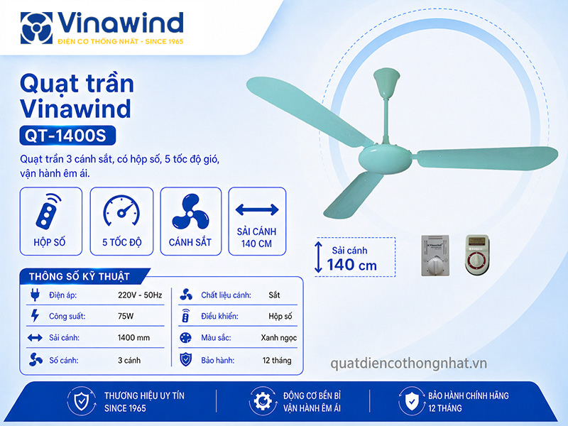 Quạt trần Vinawind QT-1400S 3 cánh sắt, màu xanh