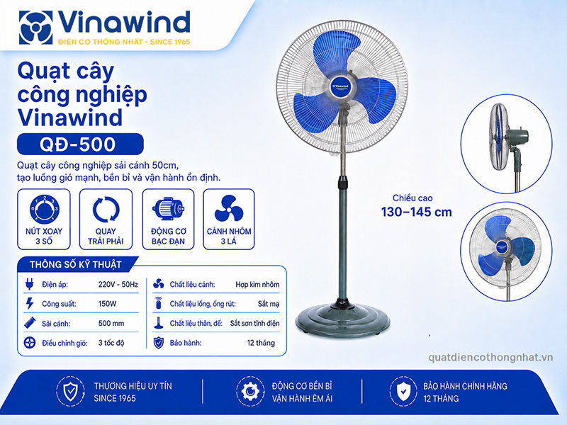 Quạt cây công nghiệp Vinawind QĐ-500 - Sải cánh 50cm, công suất 150W