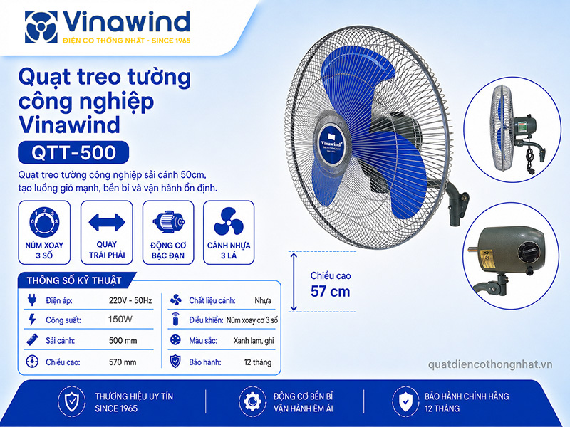 Quạt treo tường công nghiệp Vinawind QTT-500 - Sải cánh 50cm, 150W