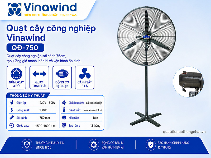 Quạt cây công nghiệp Vinawind QĐ-750Đ - Sải cánh 75cm, công suất 180W