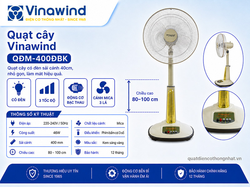 Quạt cây Vinawind QĐM-400ĐBK - Sải cánh 40cm, có đèn