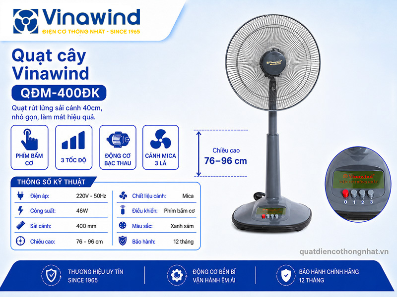 Quạt cây Vinawind QĐM-400ĐK -Sải cánh 40cm, Quạt rút lửng
