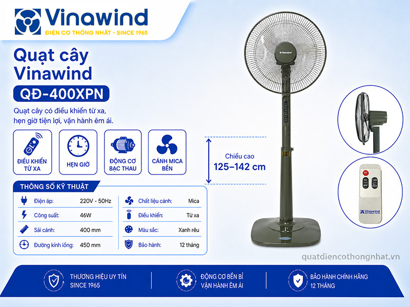 Quạt cây Vinawind QĐ-400XPN, điều khiển từ xa, hẹn giờ