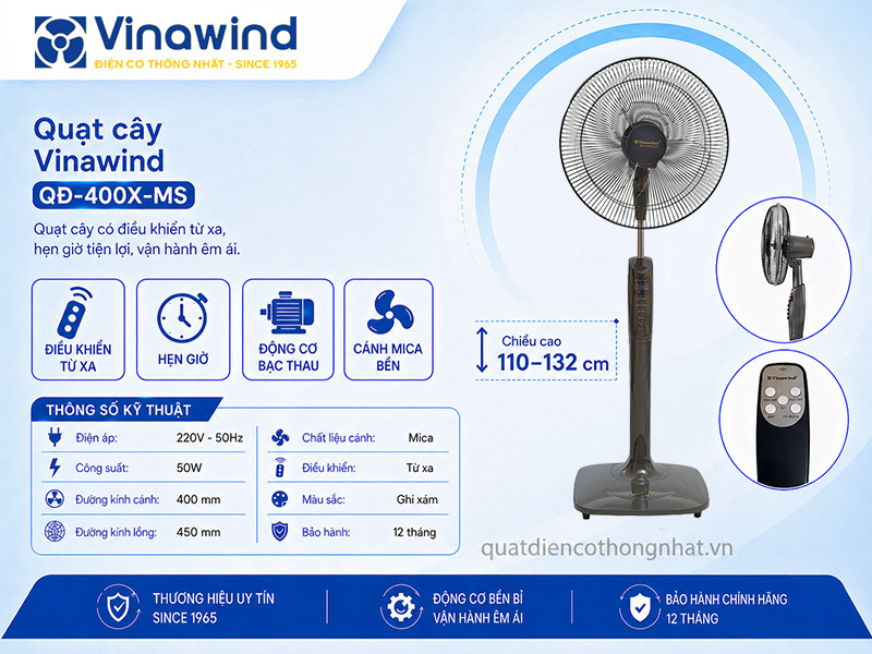 Quạt cây Vinawind QĐ-400X-MS, có điều khiển, Sải cánh 40cm