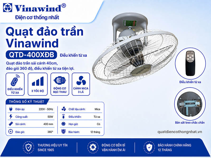 Quạt đảo trần Vinawind QTD-400XĐB điều khiển từ xa