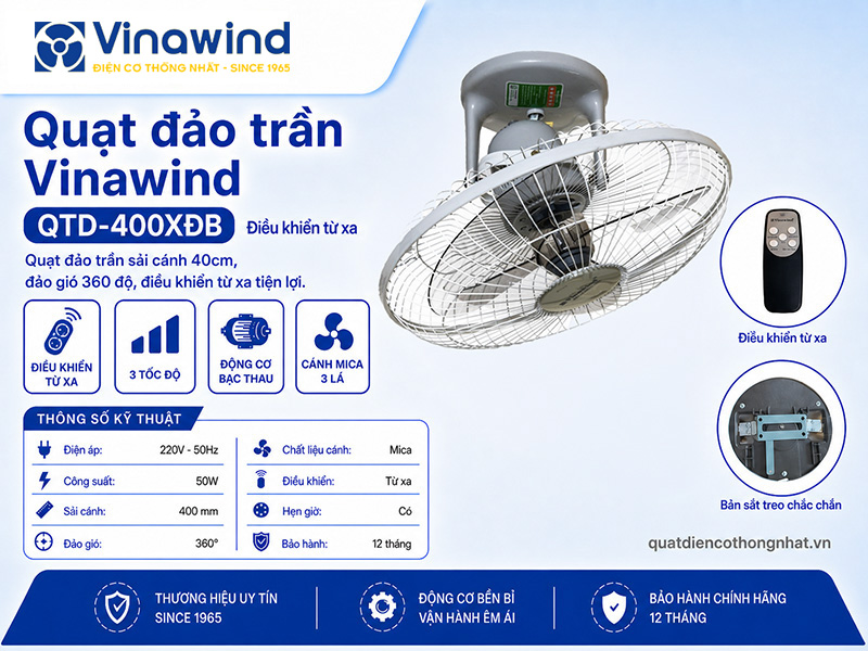 Quạt đảo trần Vinawind QTD-400XĐB điều khiển từ xa