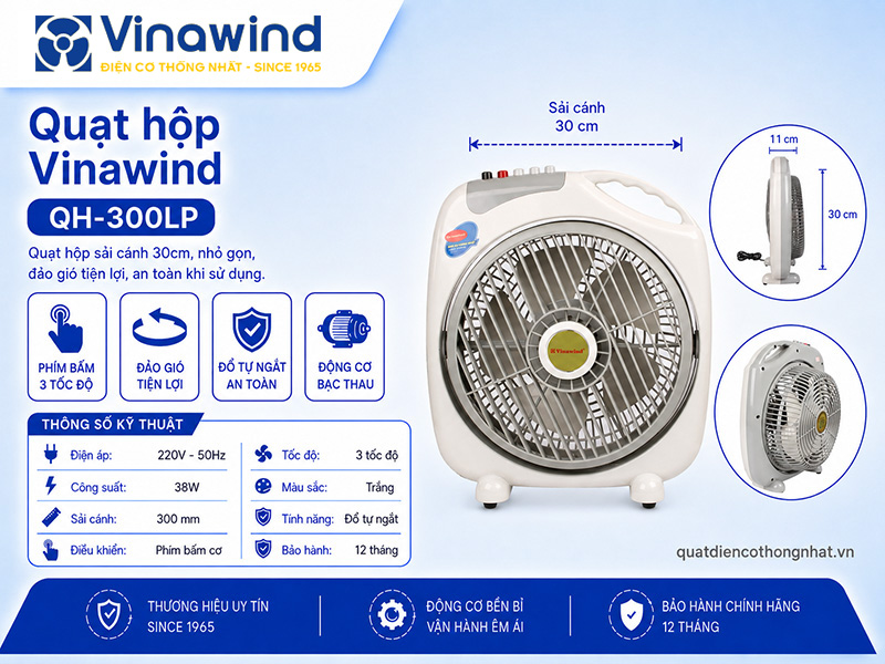 Quạt hộp Vinawind QH-300LP, sải cánh 30cm, đổ tự ngắt
