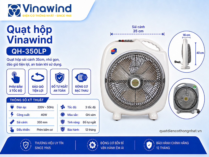 Quạt hộp Vinawind QH-350LP, sải cánh 35cm, đổ tự ngắt