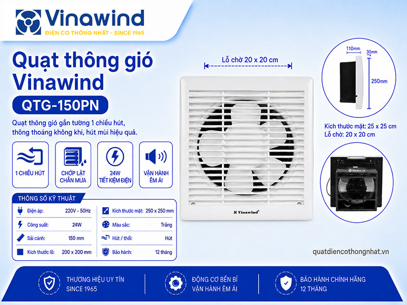 Quạt thông gió gắn tường Vinawind QTG-150PN (1 chiều) 200x200