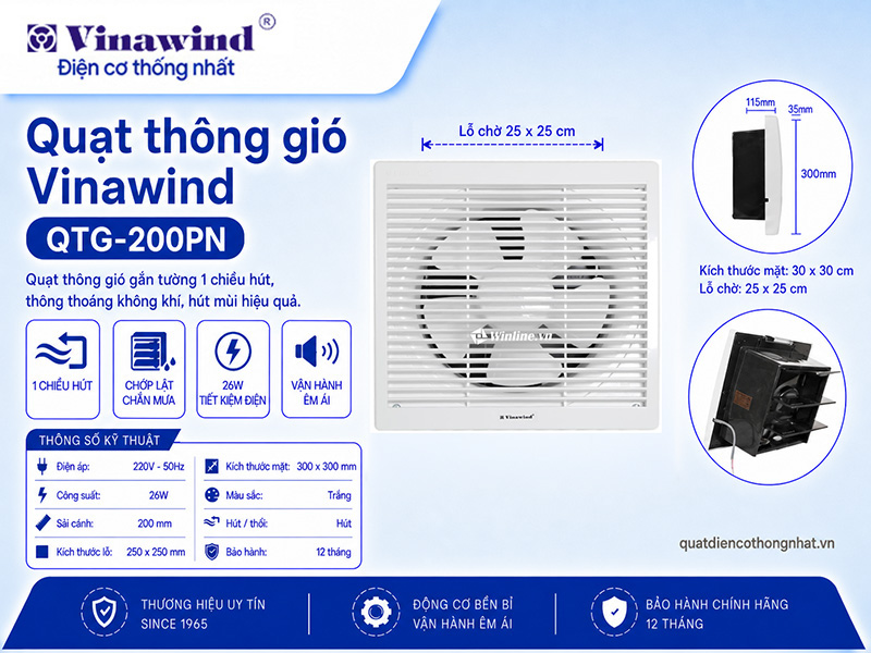 Quạt thông gió gắn tường Vinawind QTG-200PN (1 chiều) 250x250