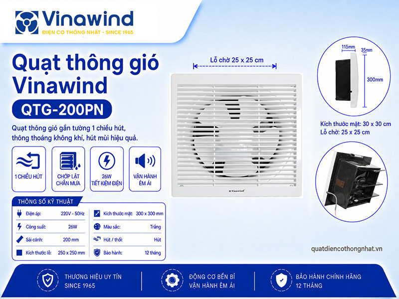 Quạt thông gió gắn tường Vinawind QTG-200PN (1 chiều) 250x250