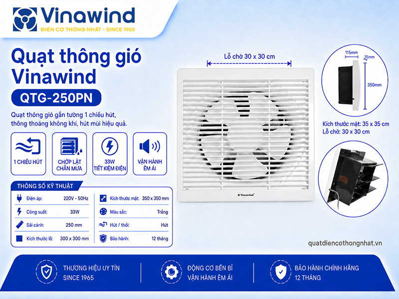 Quạt thông gió gắn tường Vinawind QTG-250PN (1 chiều hút)