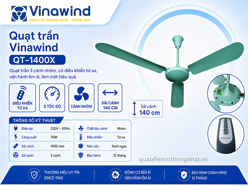 Quạt trần Vinawind QT-1400X  3 cánh nhôm, có điều khiển