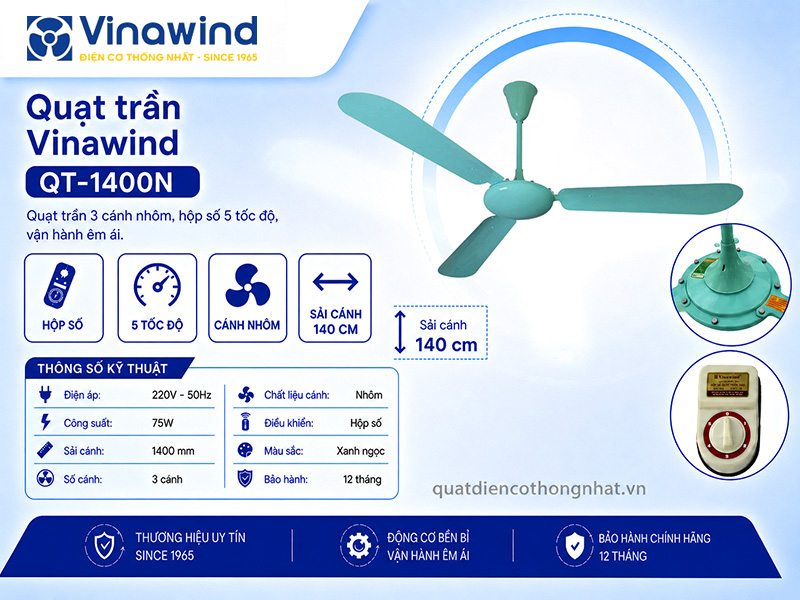 Quạt trần Vinawind QT-1400N xanh 3 cánh nhôm, hộp số