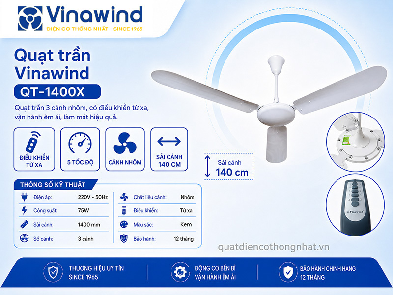 Quạt trần Vinawind QT-1400X 3 cánh, nhôm, có điều khiển