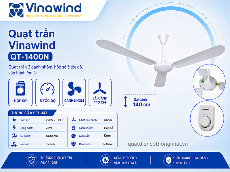Quạt trần Vinawind QT-1400N 3 cánh nhôm, hộp số