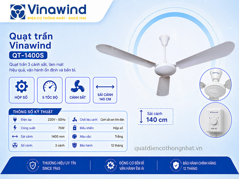 Quạt trần Vinawind QT-1400S 3 cánh sắt, hộp số