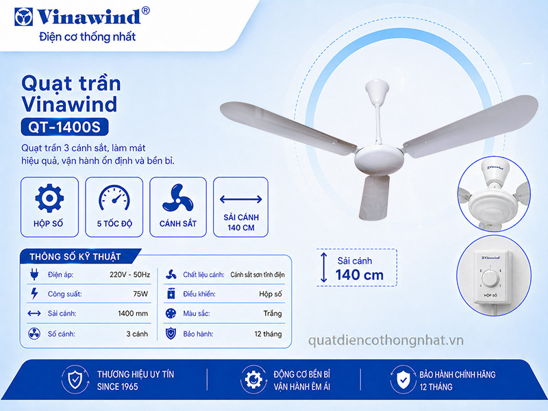 Quạt trần Vinawind QT-1400S cánh sắt