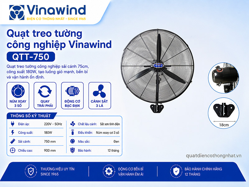 Quạt treo tường công nghiệp Vinawind QTT-750Đ - Sải cánh 75cm, công suất 180W