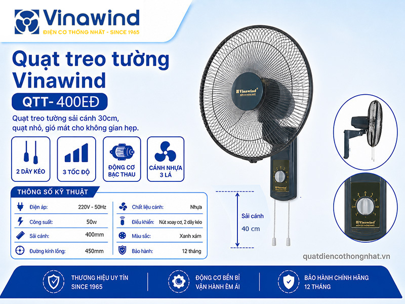 Quạt treo tường Vinawind QTT-400EĐ - Sải cánh 40cm, 2 dây kéo