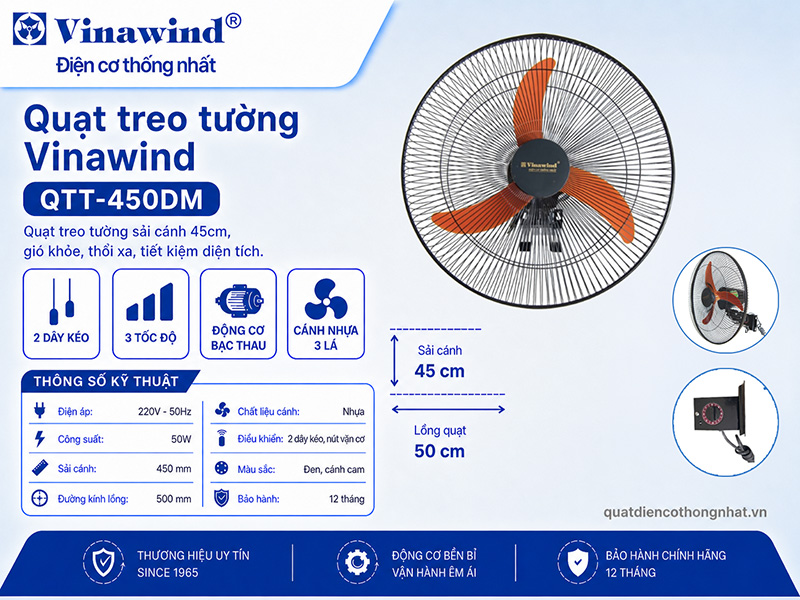 Quạt treo tường Vinawind QTT450-DM là sản phẩm được sản xuất tại Việt Nam
