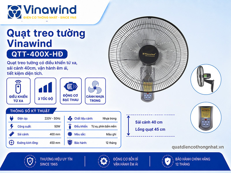 Quạt treo tường Vinawind QTT-400X-HĐ,