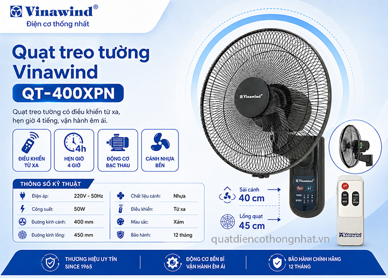 Quạt treo tường Vinawind QT-400XPN, có điều khiển, hẹn giờ
