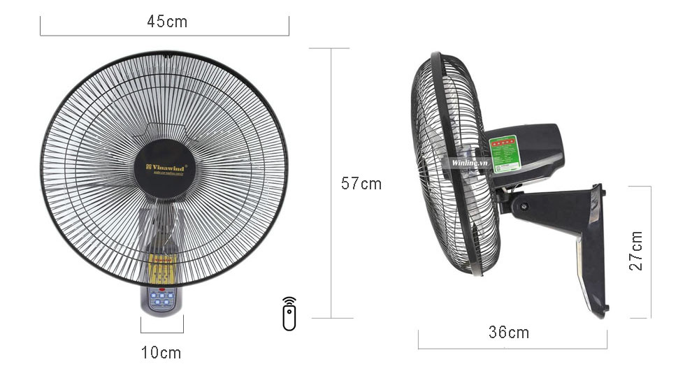 Quạt treo tường Vinawind QTT-400X-HĐ, Cánh 400mm, có điều khiển