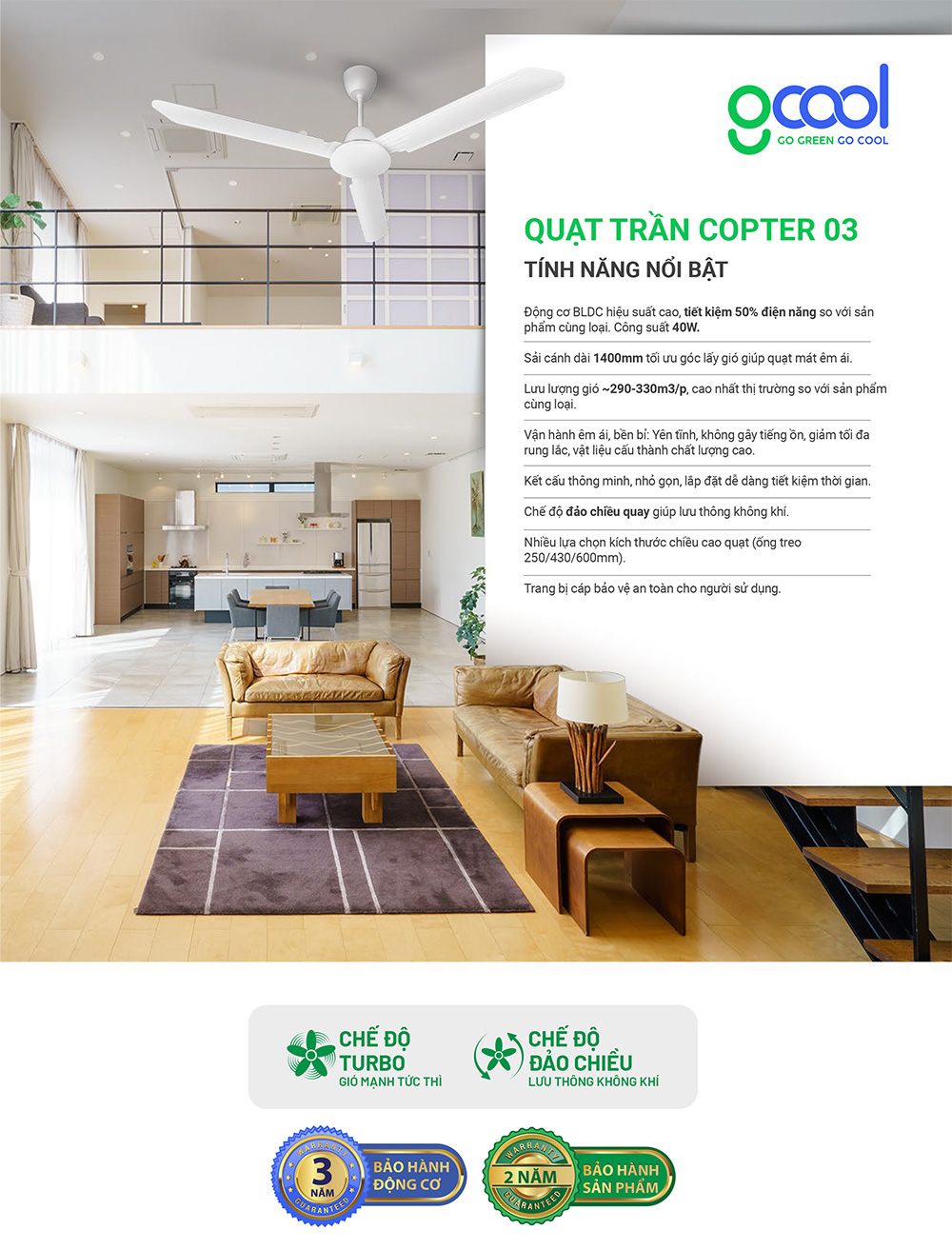  Quạt Trần Gcool Copter 03R – Điều Khiển Từ Xa, Hiện Đại